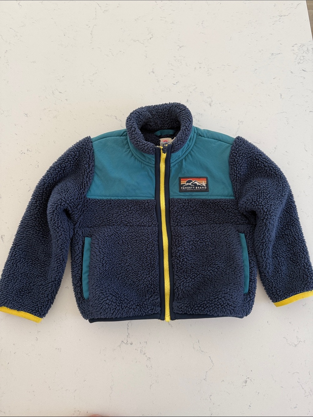 Toddler Faherty Sherpa Fleece Jacket in Teal and Yellow
